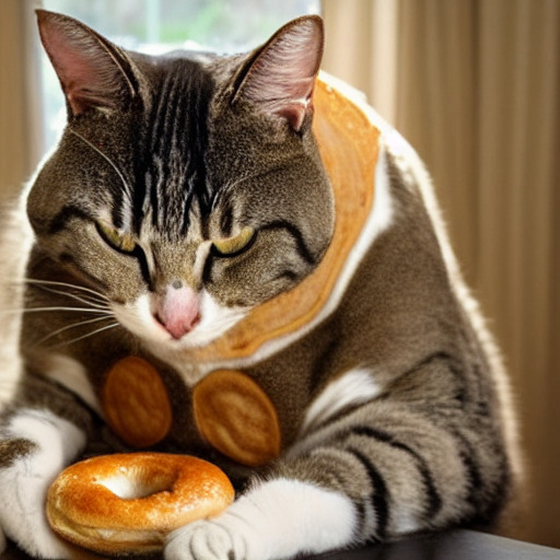 a horse sized cat eating a bagel